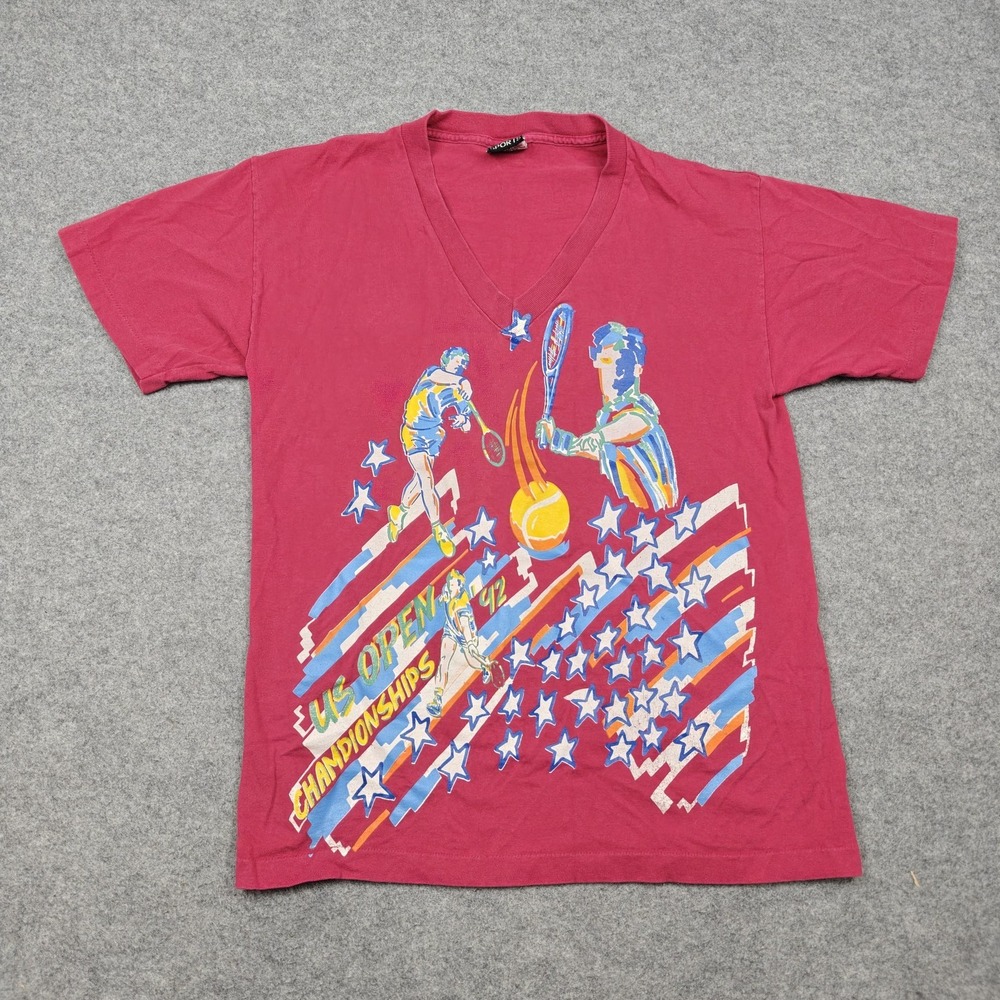 Vintage US Open Shirt Mens Medium Pink Tennis 1992 Signal Sports V Neck Tee USA